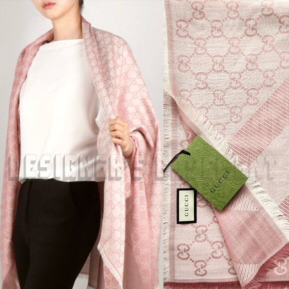 GUCCI 2-tone Pink & Ivory GGWEB giant 55"-sqr wool/silk pashmina shawl scarf NWT - Picture 1 of 13